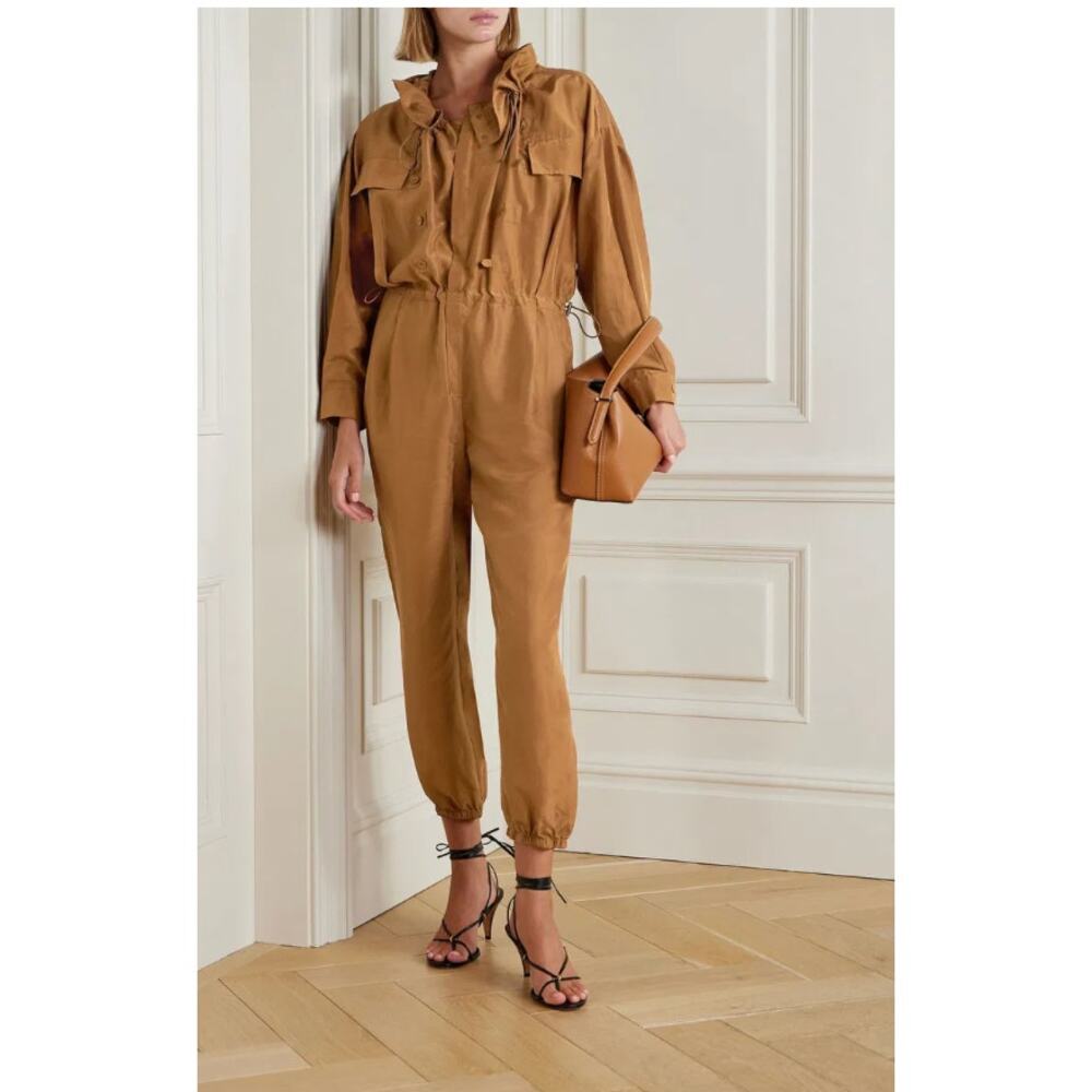 Ulla Johnson Aida Silk Taffeta Jumpsuit Chestnut Brown Utility Size 8